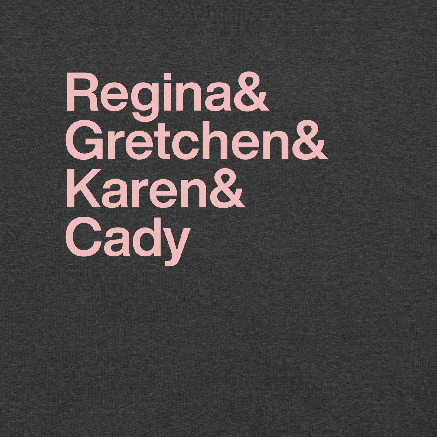 Close up of black t-shirt with pink lettering reading Regina and Gretchen and Karen and Cady