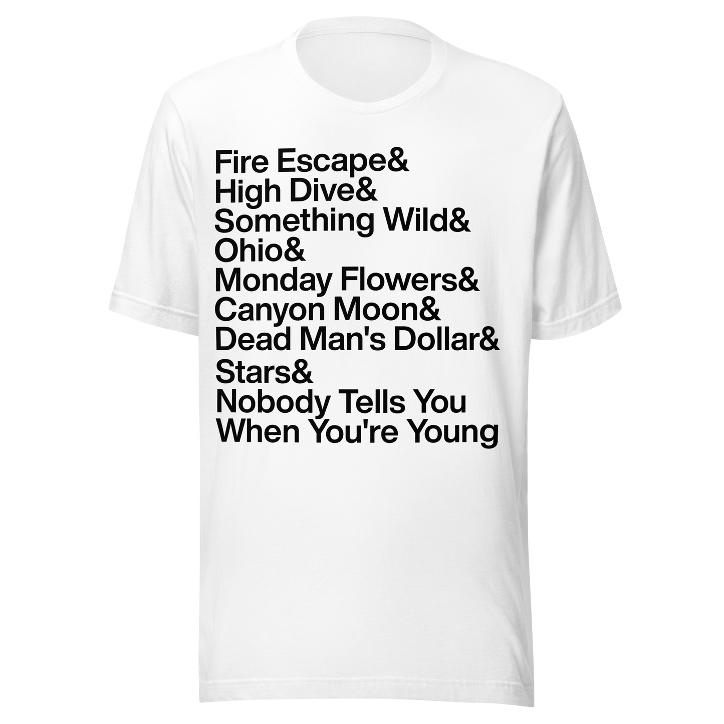 White t-shirt with black text listing various song titles on a white background