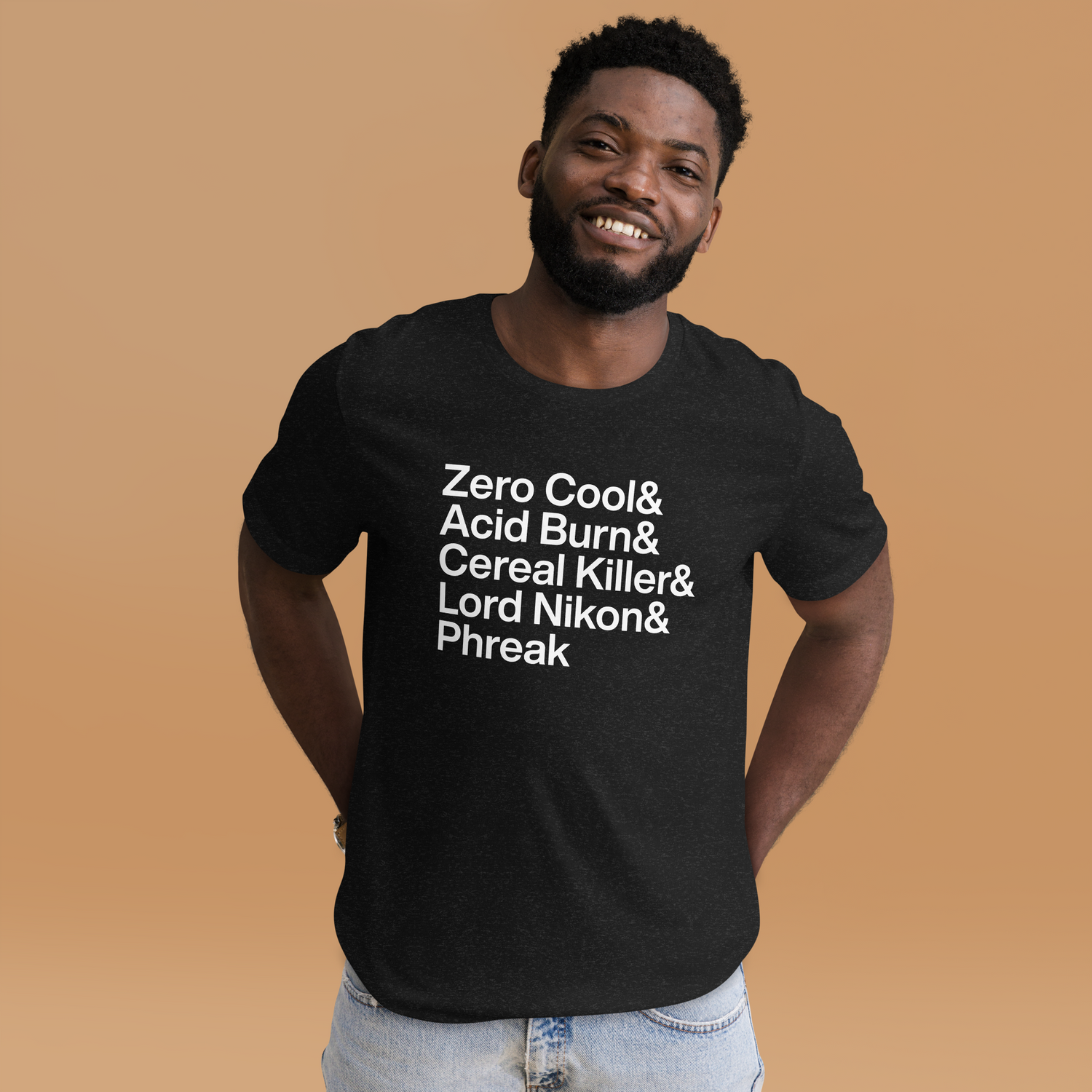 Young man posing in a black t-shirt with white lettering reading Zero Cool and Acid Burn and Cereal Killer and Lord Nikon and Phreak