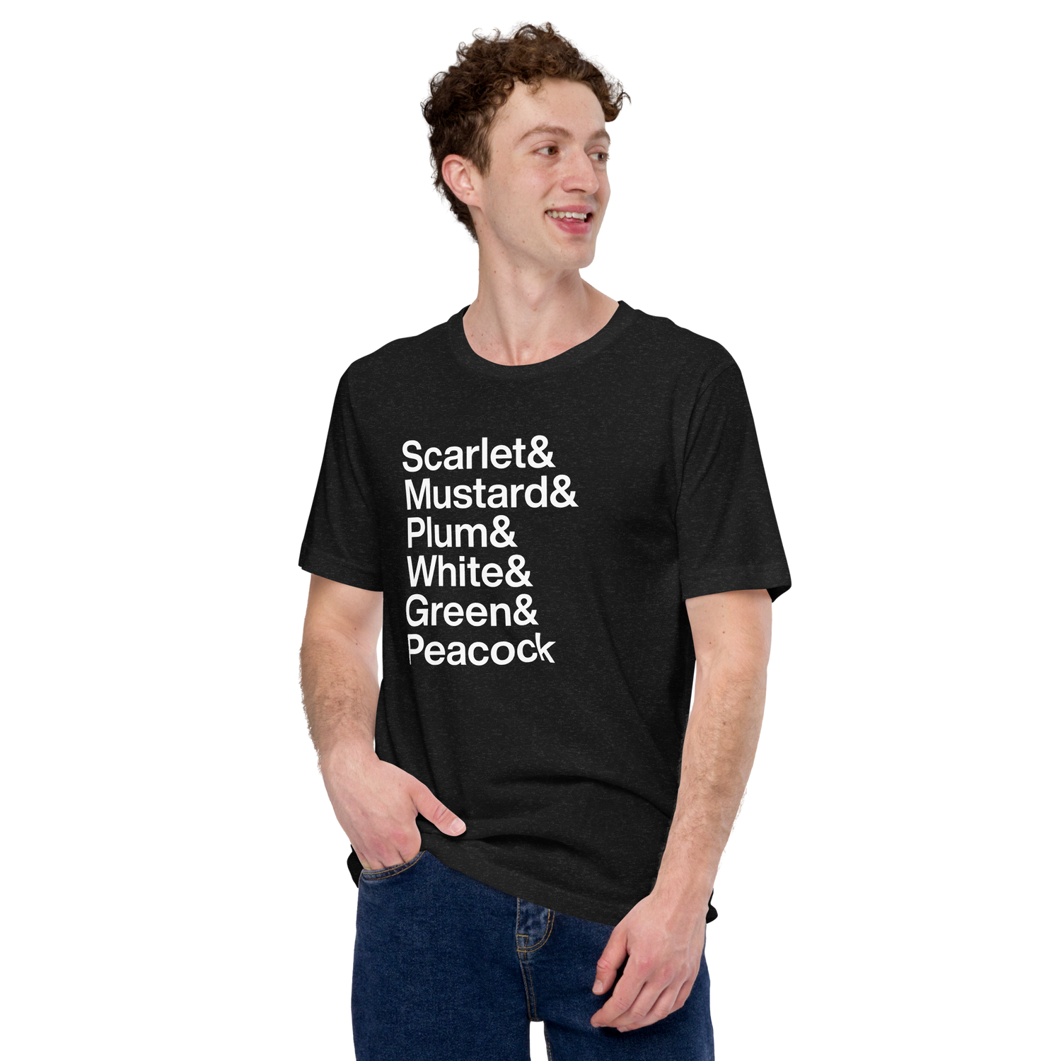 Young man wearing an AmpTee shirt with the names of Clue characters