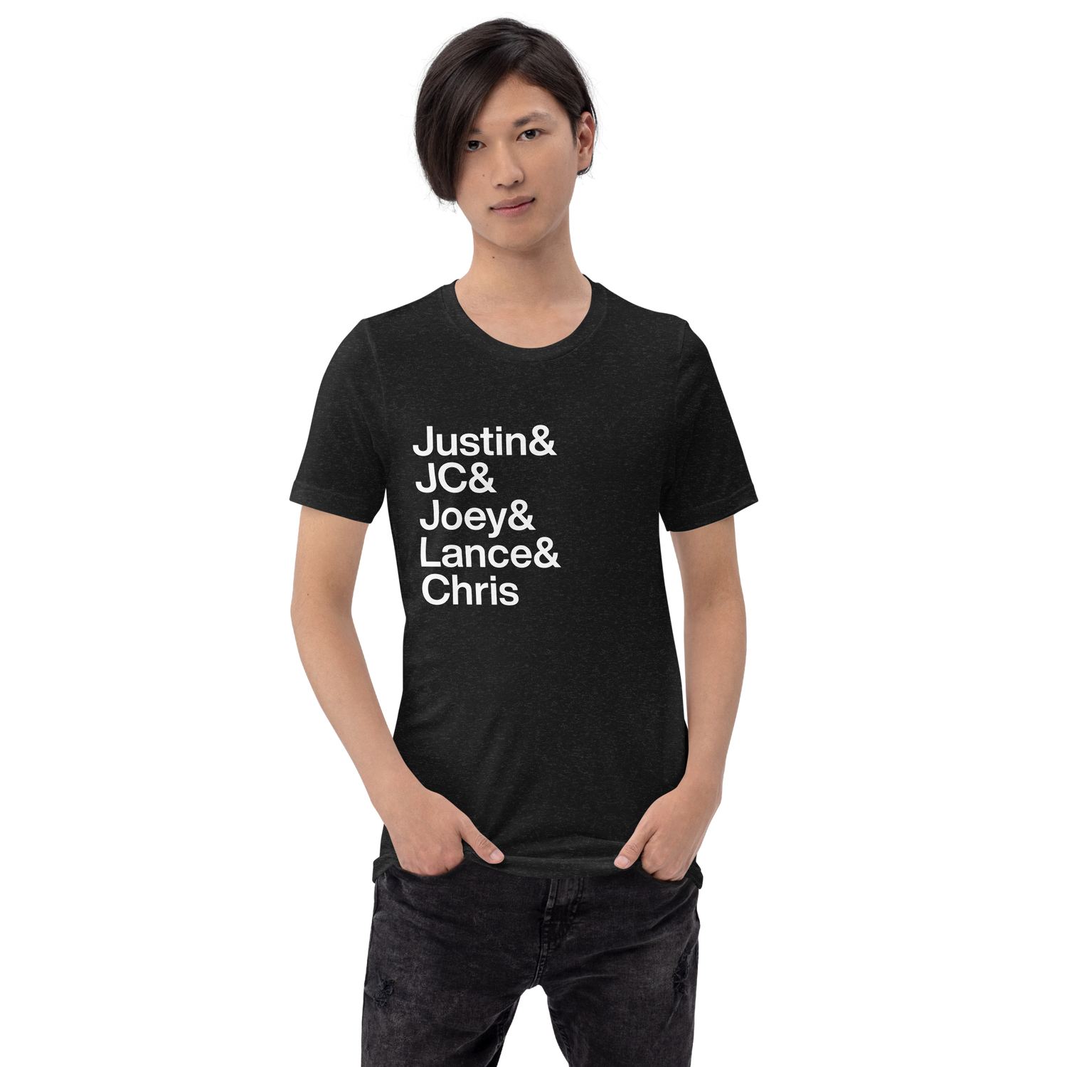 Young human wearing an AmpTee shirt with the names of boy band