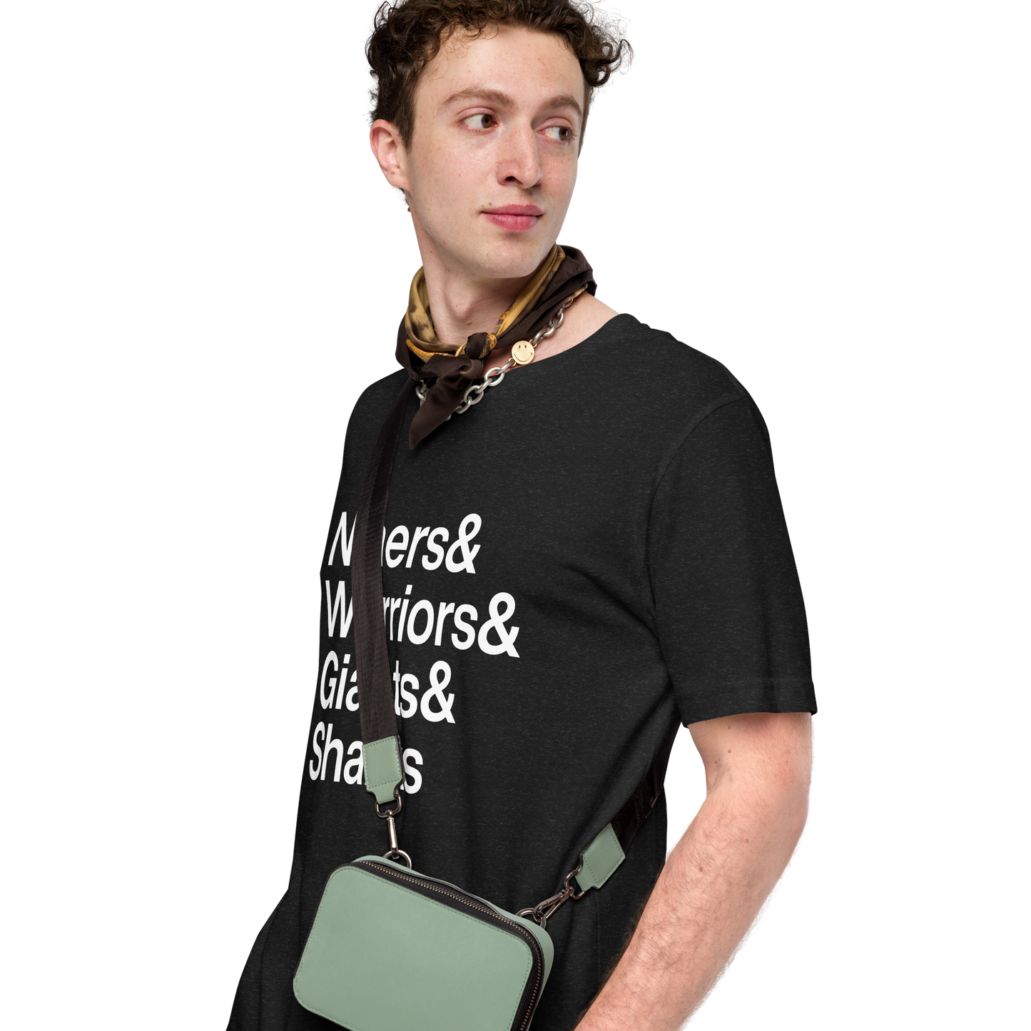 Guy in handkerchief wearing a black t-shirt with white lettering reading Niners and Warriors and Giants and Sharks