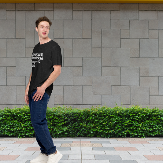 Guy on sidewalk wearing black t-shirt with white lettering reading Cowboys and Mavericks and Rangers and Stars
