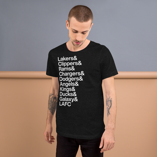 Tattooed guy wearing black t-shirt with white lettering reading Lakers and Clippers and Rams and Chargers and Dodgers and Angles and Kings and Ducks and Galaxy and LAFC