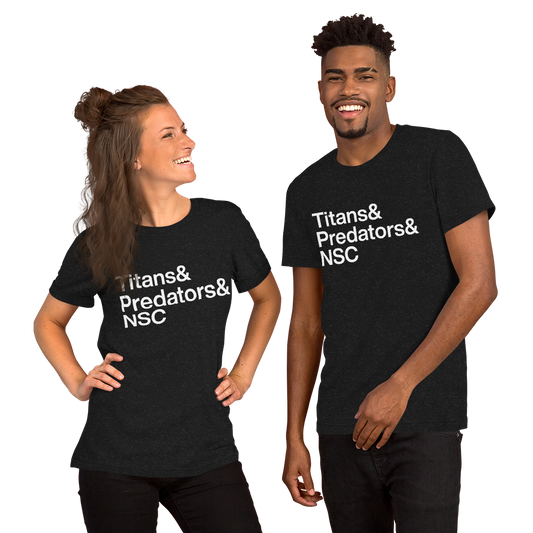 Two friends wearing black t-shirts with white lettering reading Titans and Predators and NSC