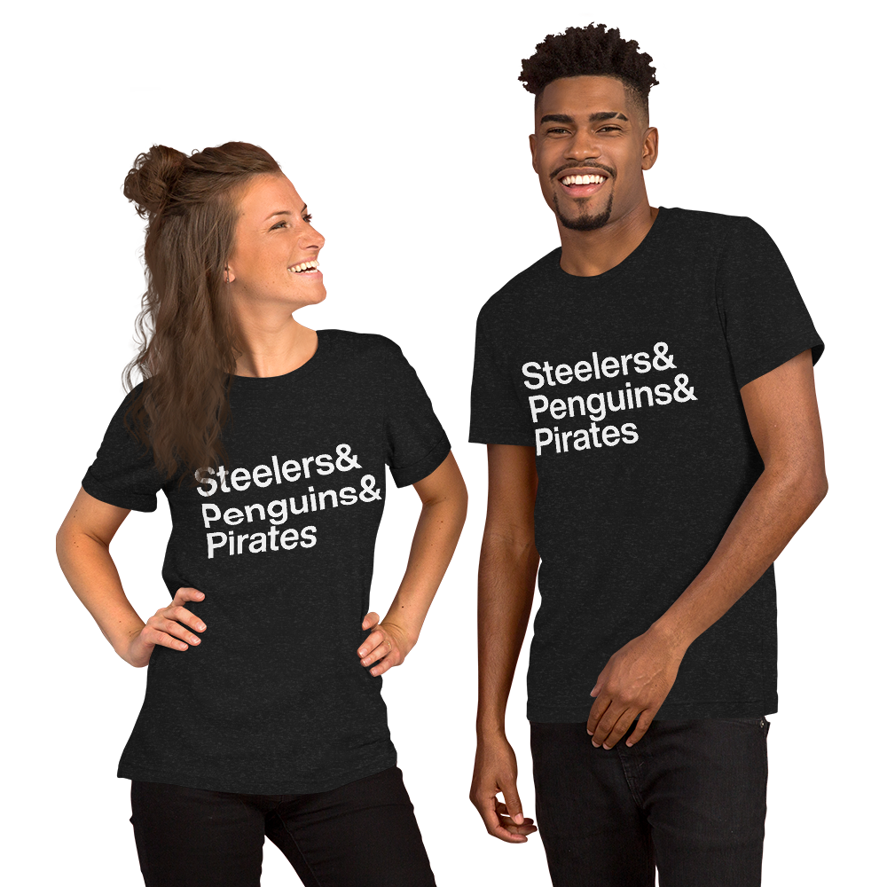 Two friends wearing black t-shirts with white lettering reading Steelers and Penguins and Pirates