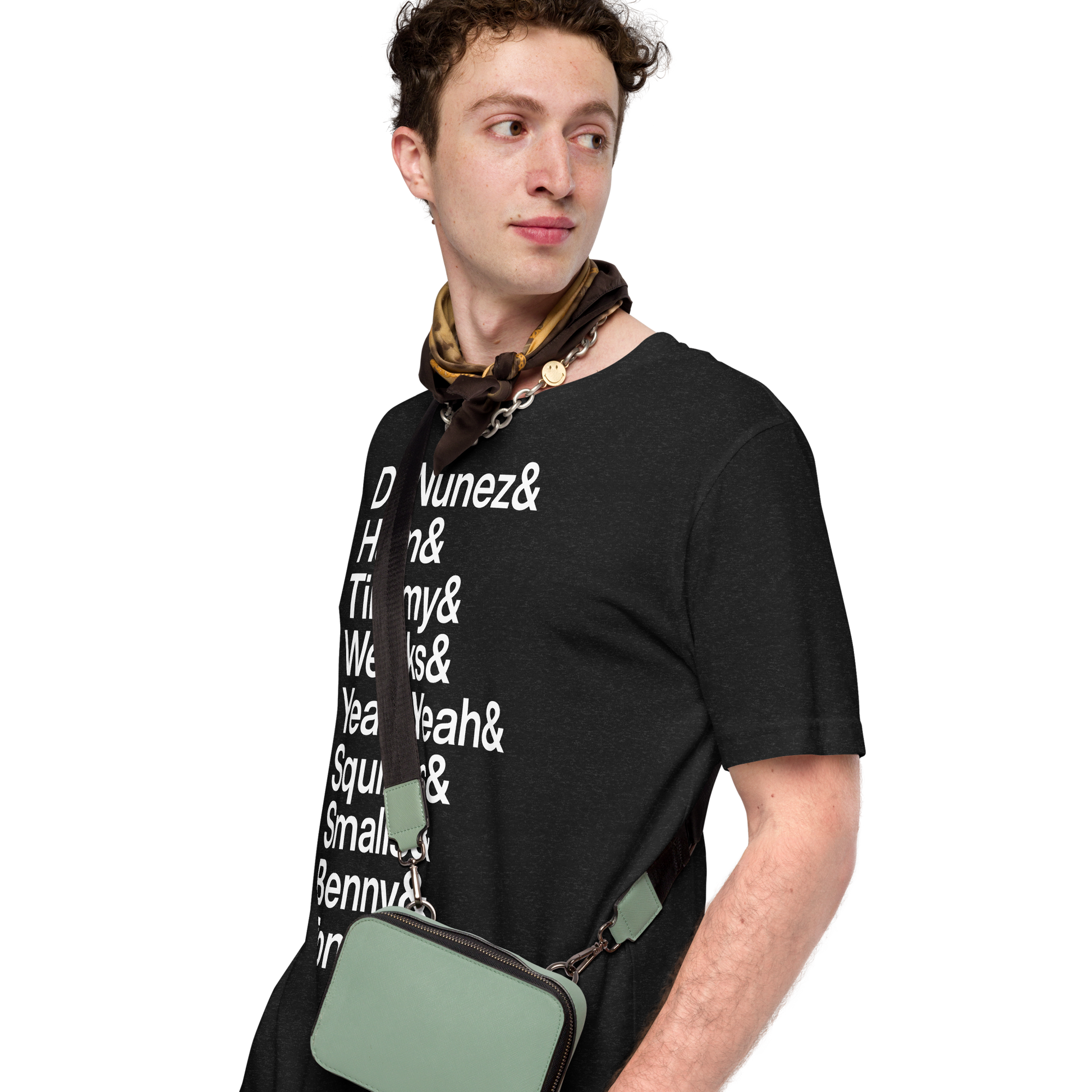 Young man in handkerchief wearing a black t-shirt with white lettering depicting the characters of the Sandlot