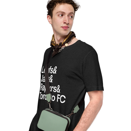 Young man in a handkerchief and a black t-shirt with white lettering reading Leafs and Jays and Raptors and Toronto FC