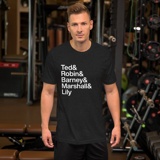 Guy in gym wearing a black t-shirt with white lettering reading Ted and Robin and Barney and Marshall and Lily