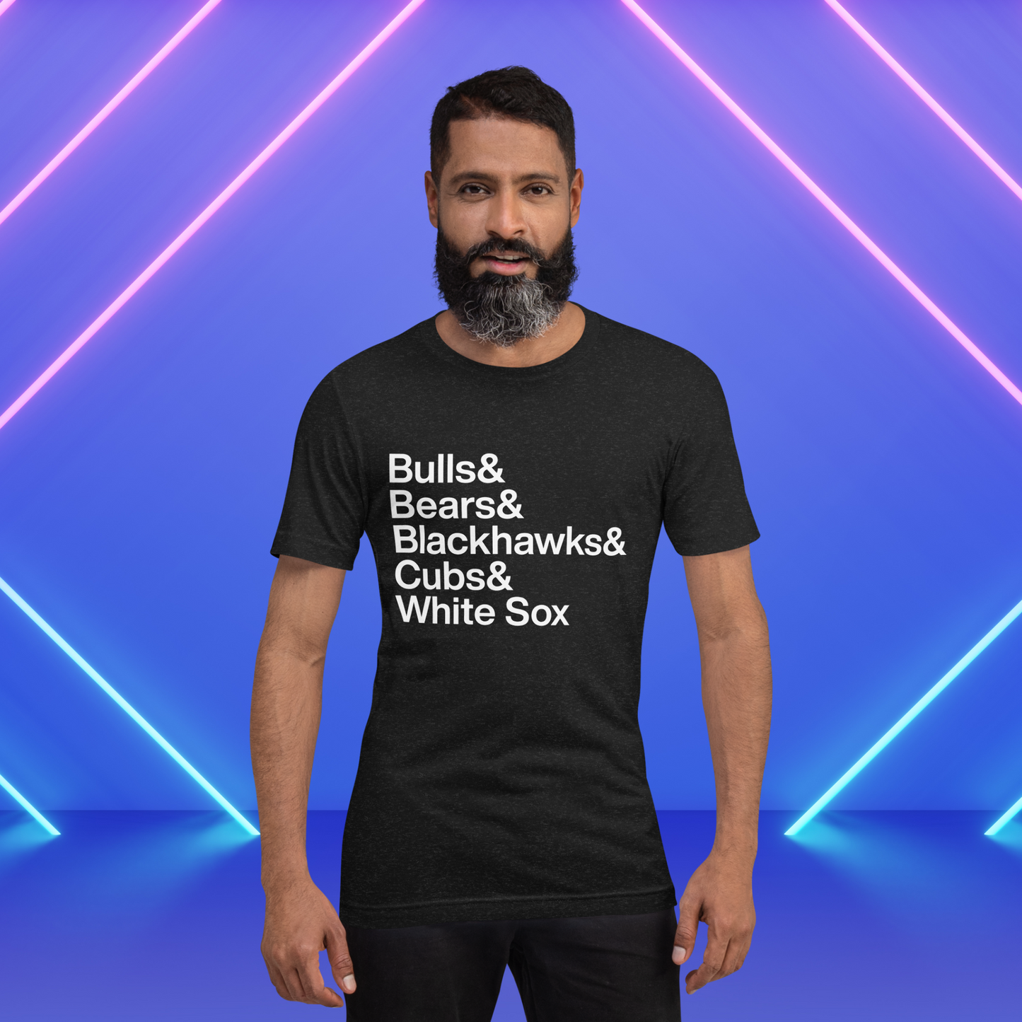 Bearded man wearing a black t-shirt with white lettering depicting Chicago sports teams