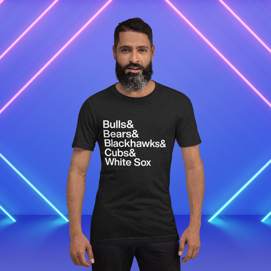 Bearded man wearing a black t-shirt with white lettering depicting Chicago sports teams