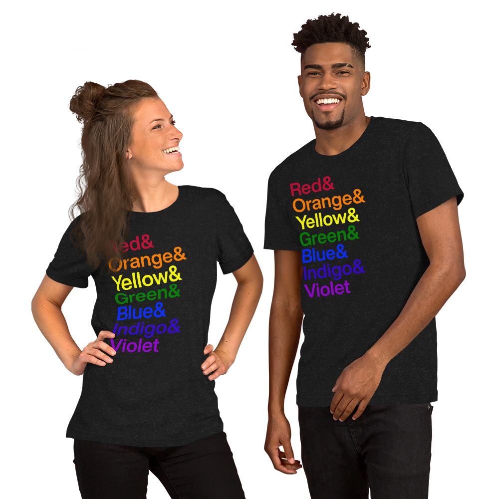 Two friends wearing black t-shirts with multi-colored lettering reading Red and Orange and Yellow and Green and Blue and Indigo and Violet