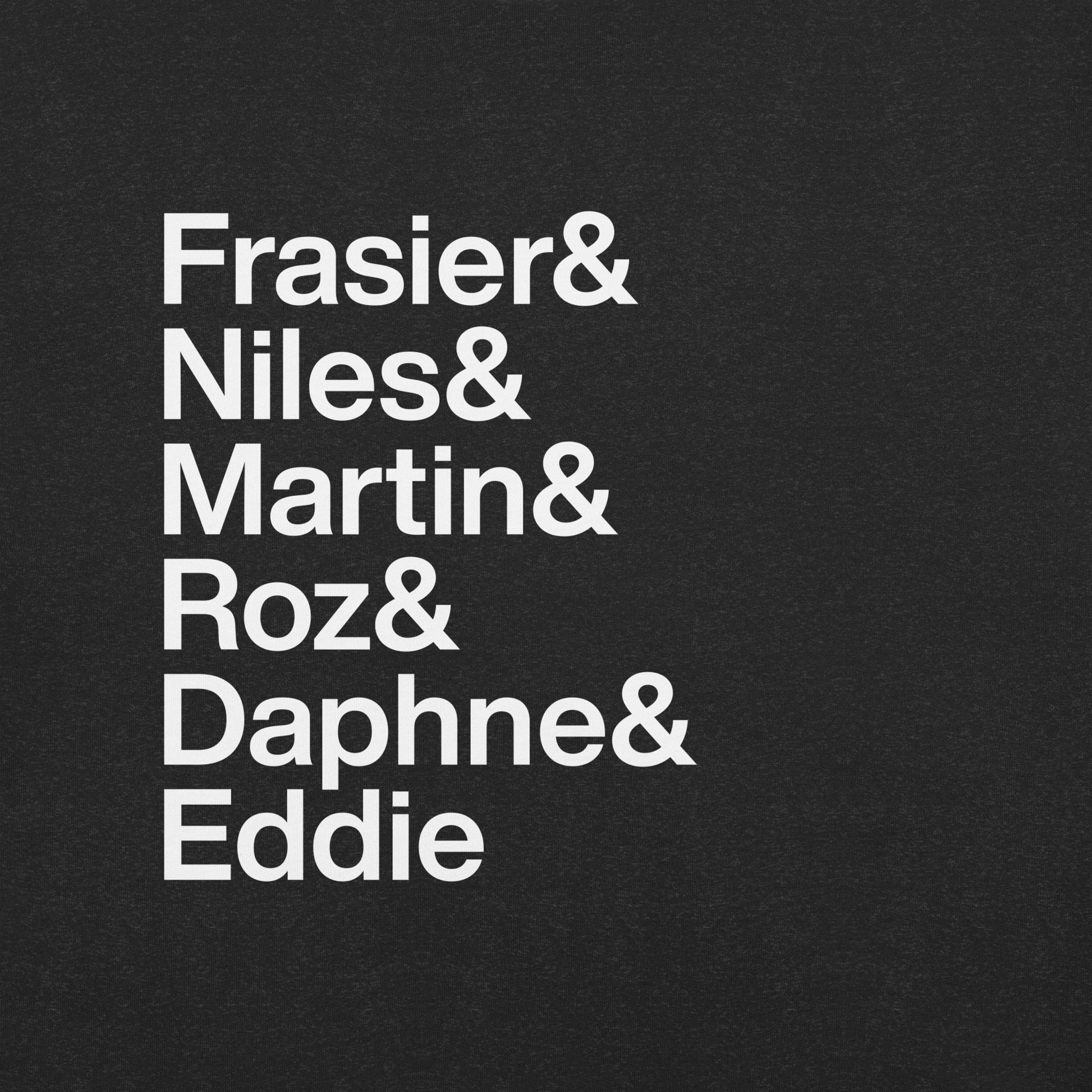 Close up of black t-shirt with white lettering depicting the characters of Frasier