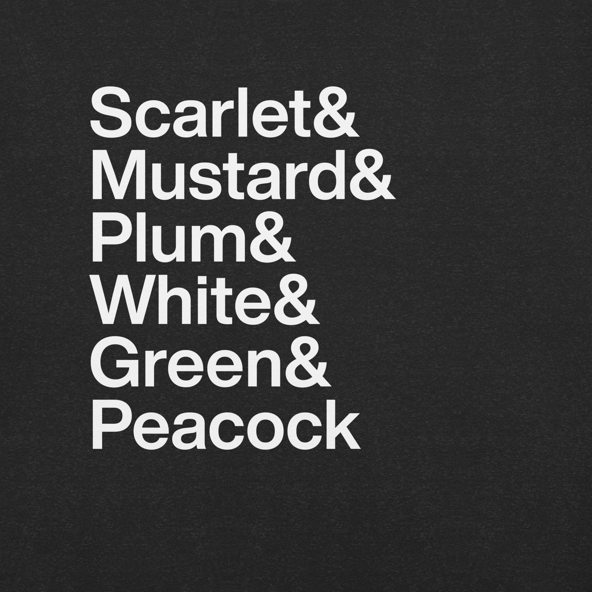 Close up of black t-shirt with white lettering depicting the characters from Clue