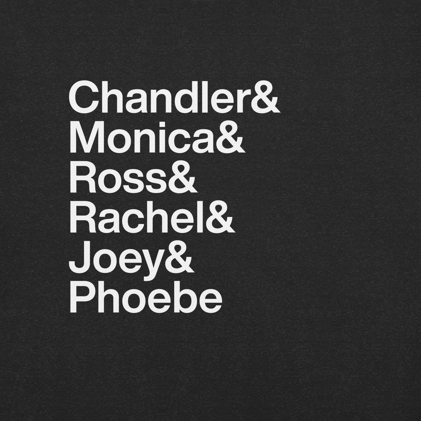 Close up of black t-shirt with white lettering depicting the Friends characters