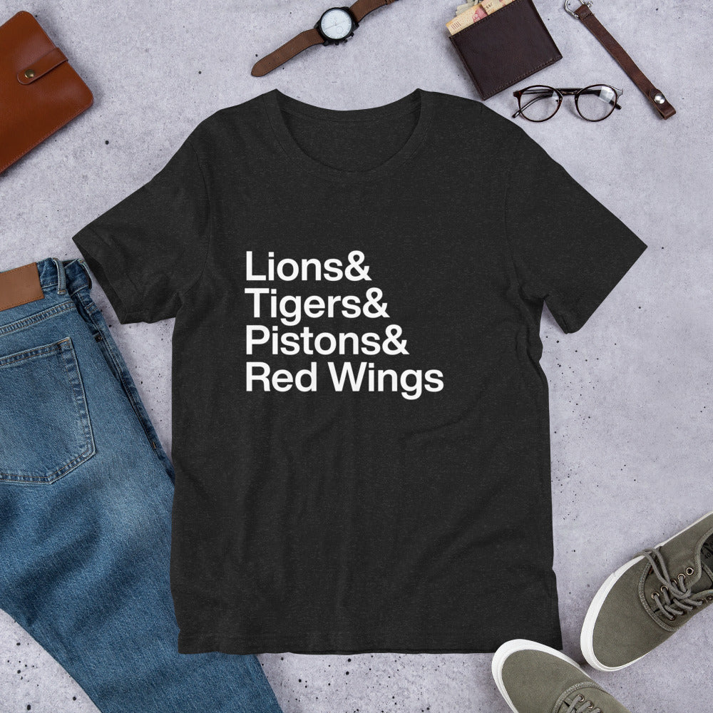Black T-shirt with Lions and Tigers and Pistons and Red Wings written on it resting on floor with other clothing