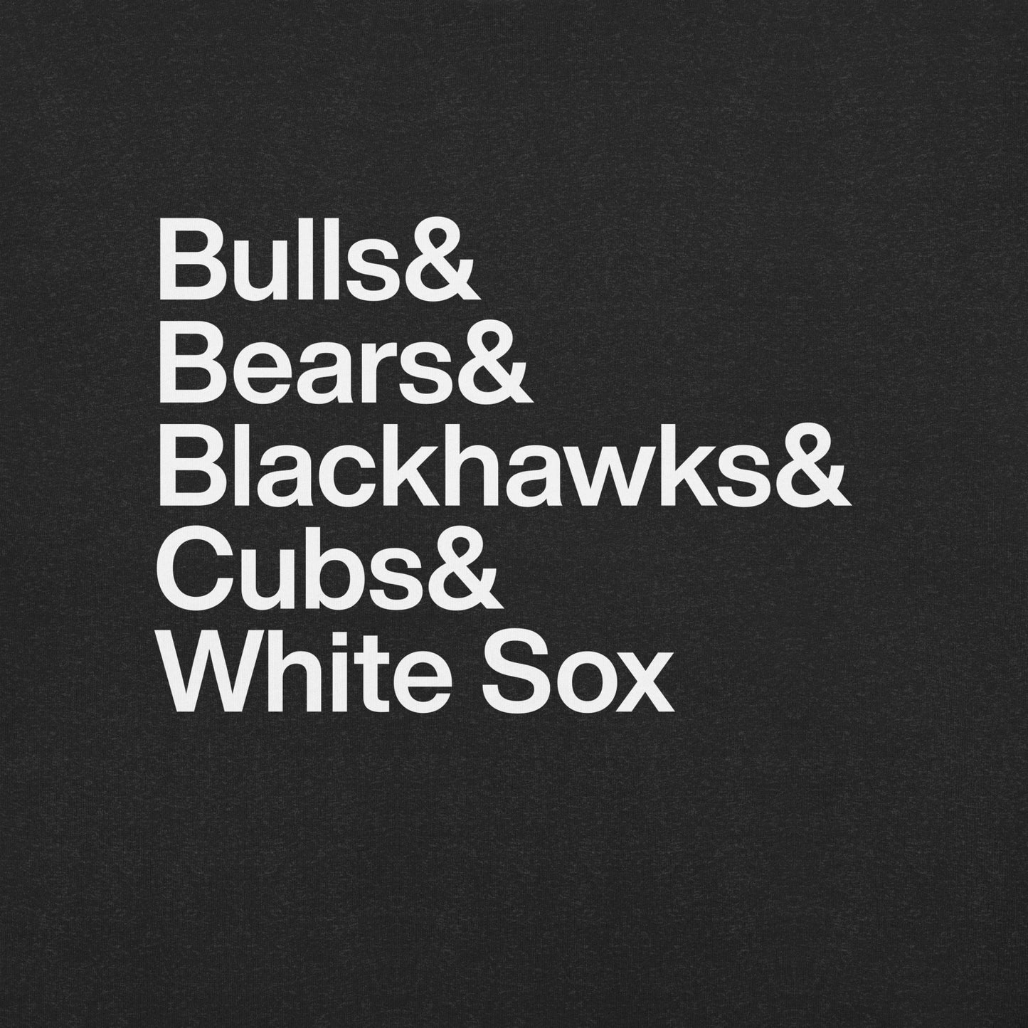 Close up of black t-shirt with white lettering depicting Chicago sports teams