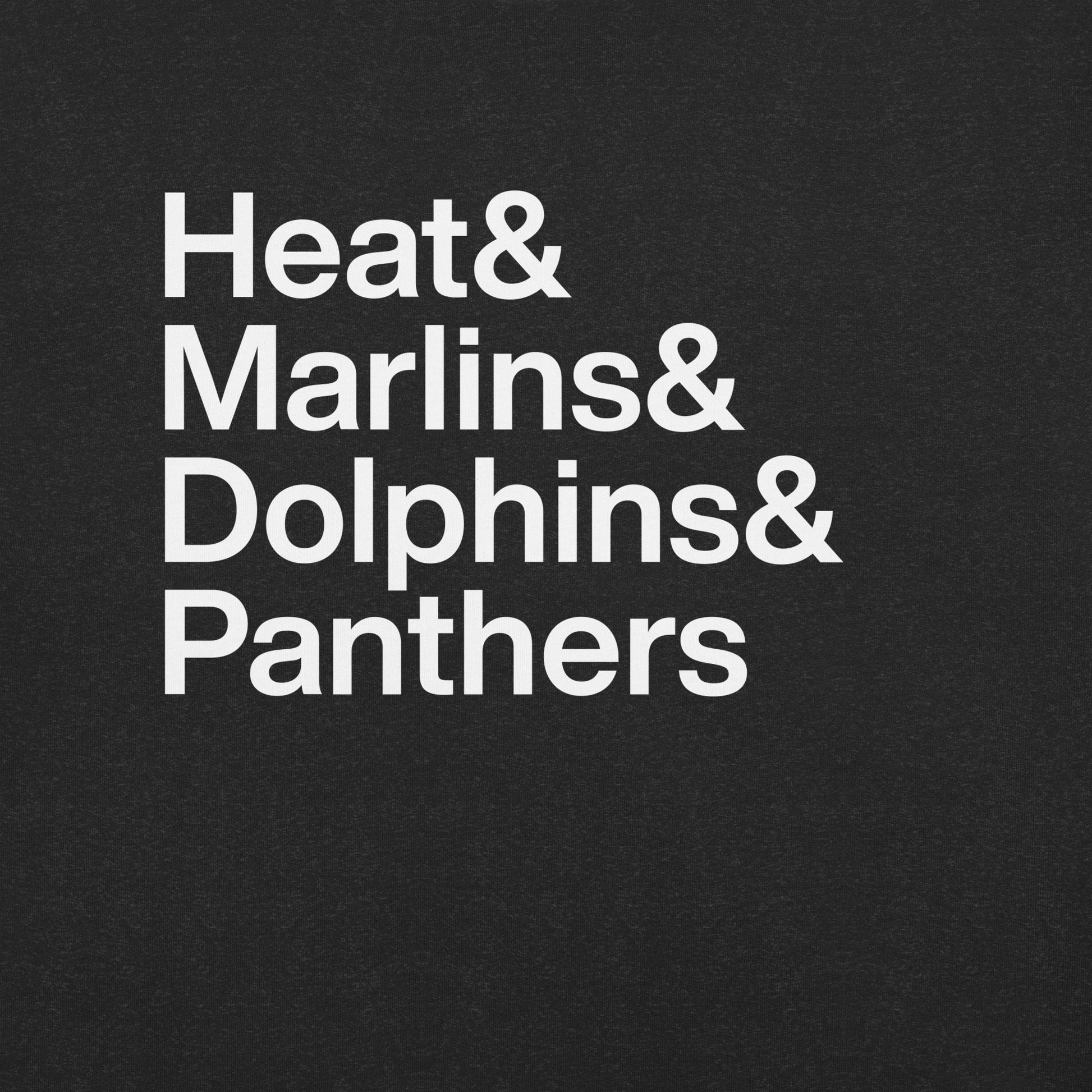 Close up of black t-shirt with white lettering reading Heat and Marlins and Dolphins and Panthers