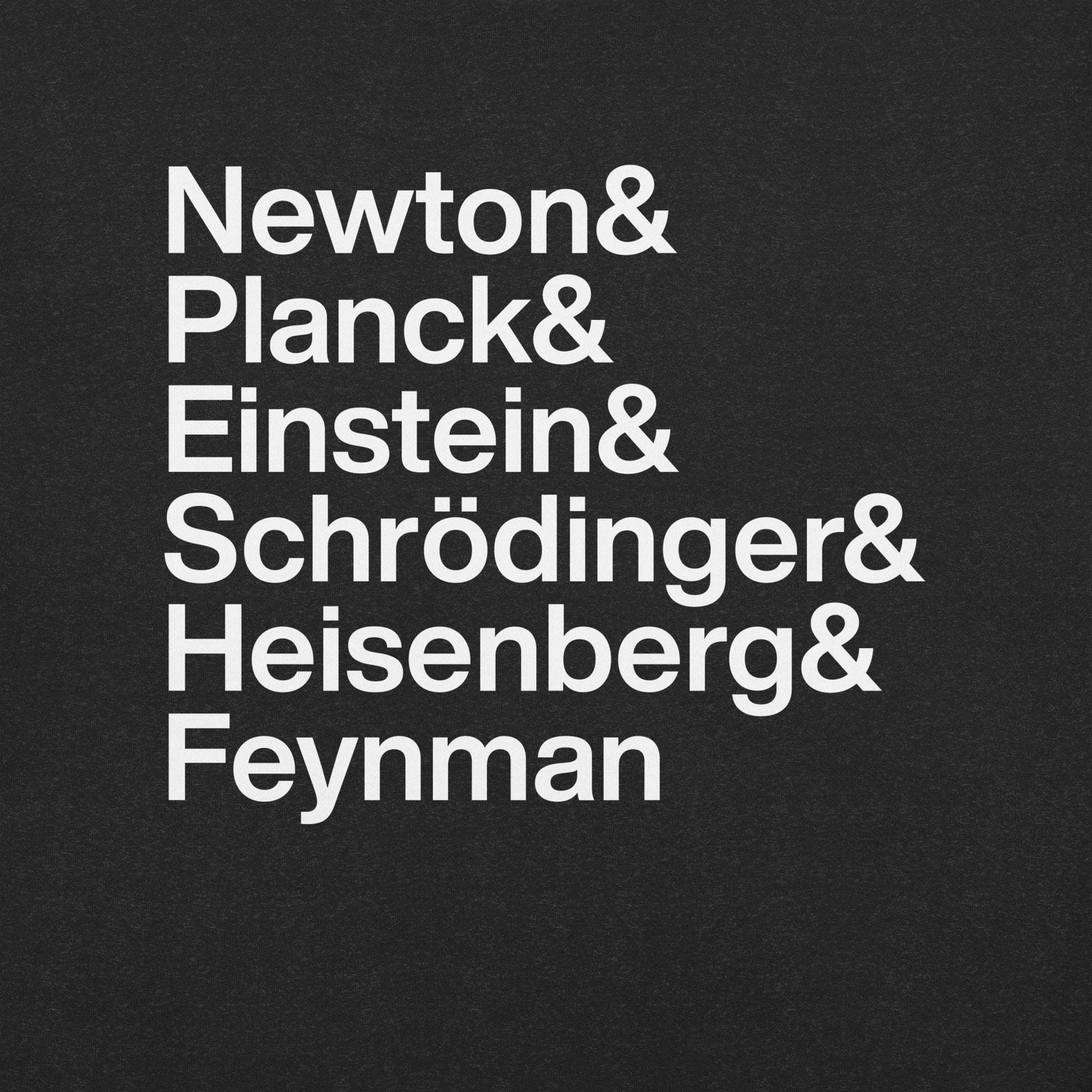 Close up of black t-shirt with white lettering reading Newton and Planck and Einstein and Shrodinger and Heisenberg and Feynman