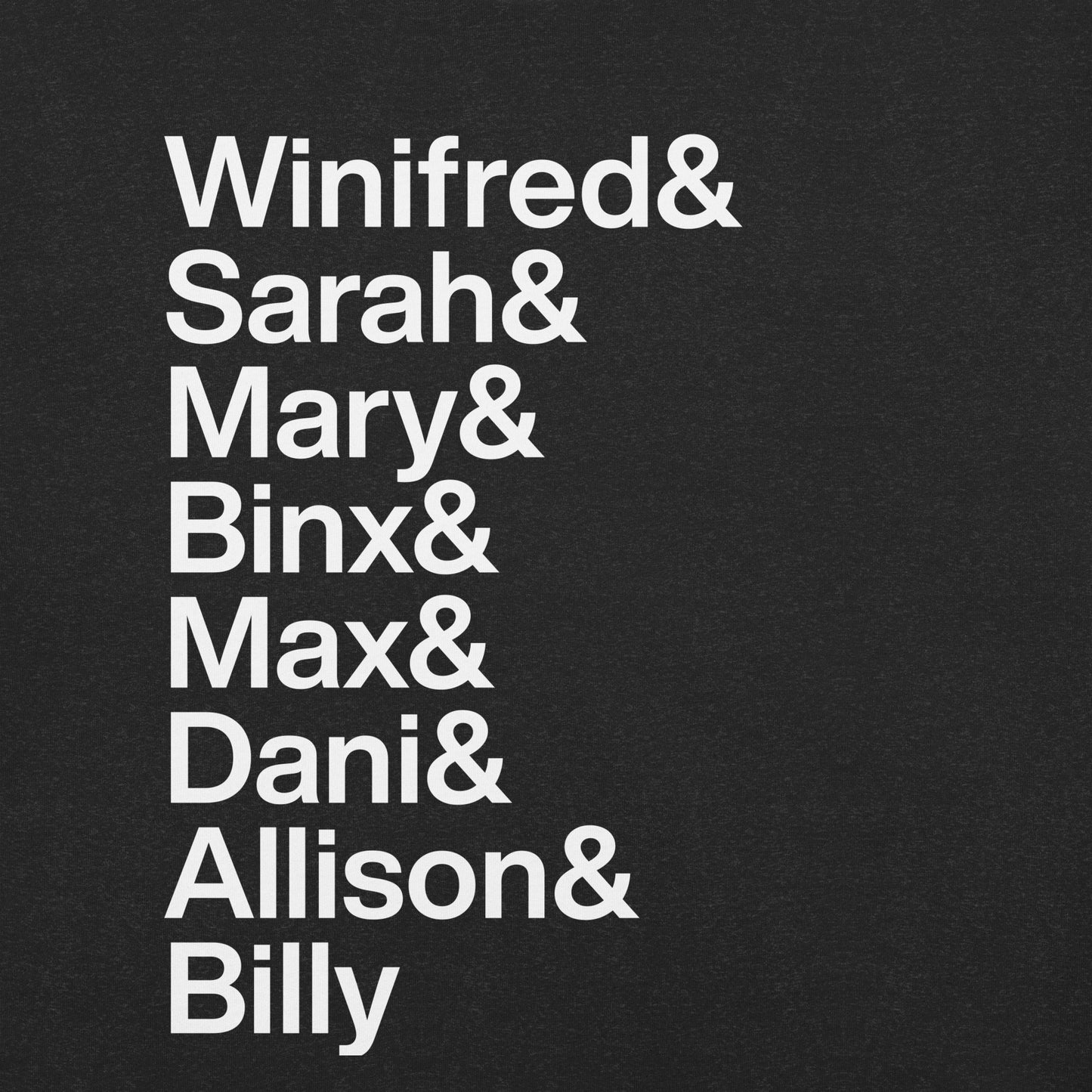 Black t-shirt with white lettering displaying "Winifred and Sarah and Mary and Binx and Max and Dani and Allison and Billy"