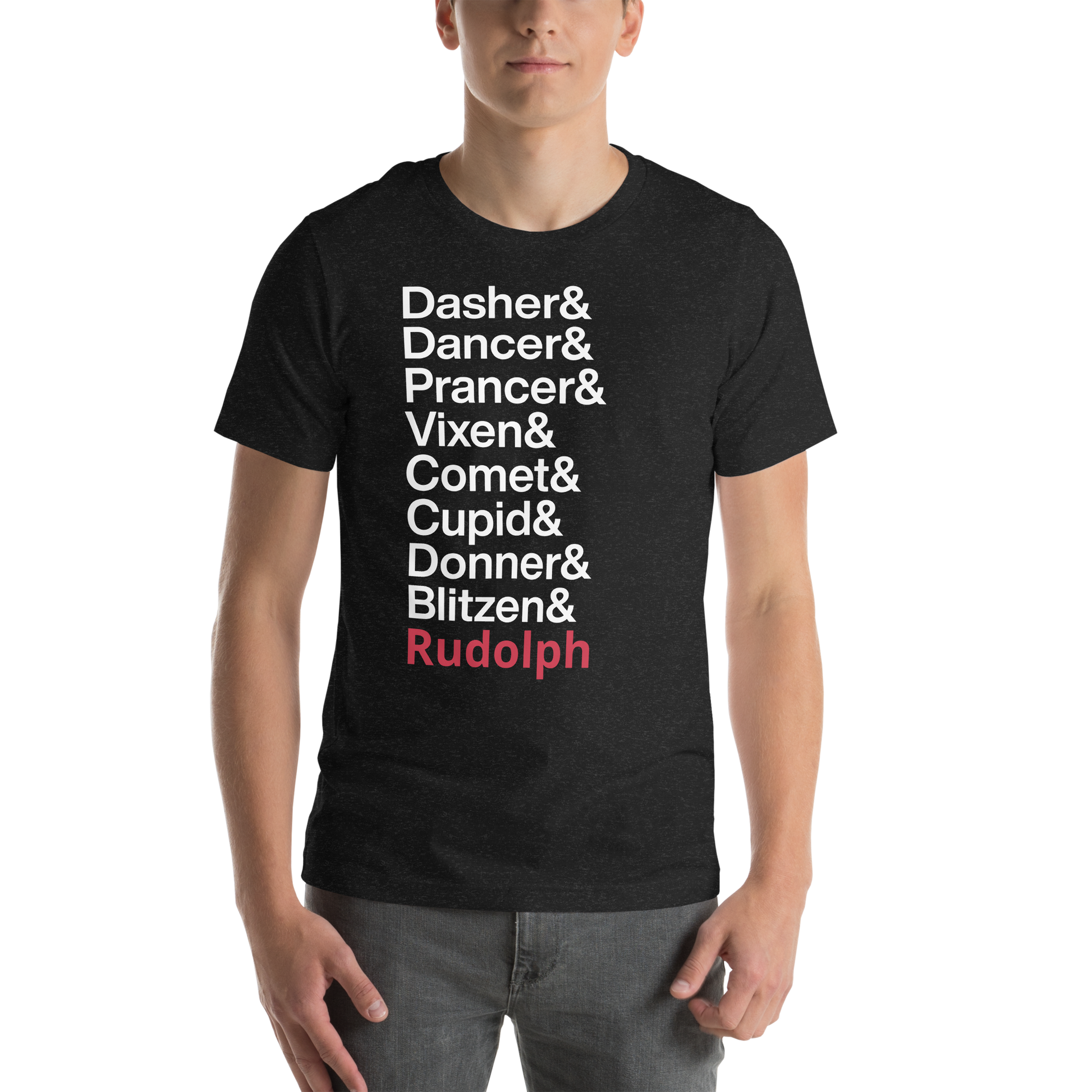 Young man in black tshirt with text reading "dasher and Dancer and Prancer and Vixen and Comet and Cupid and Donner and Blitzen and Rudolph"