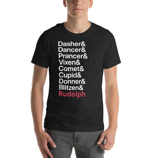 Young man in black tshirt with text reading "dasher and Dancer and Prancer and Vixen and Comet and Cupid and Donner and Blitzen and Rudolph"