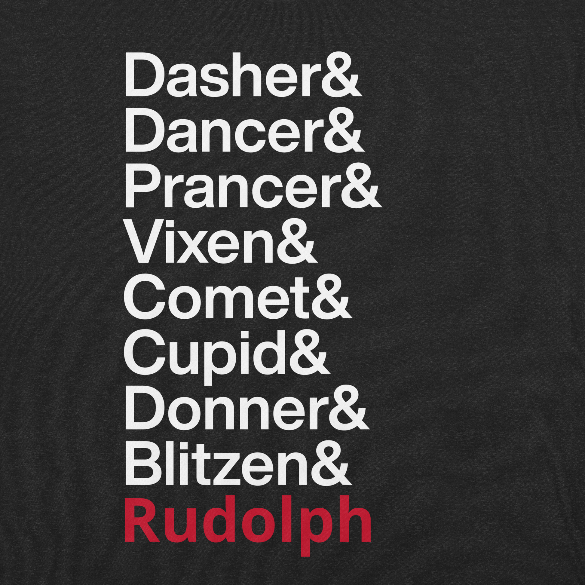 Close up of black tshirt with text reading "dasher and Dancer and Prancer and Vixen and Comet and Cupid and Donner and Blitzen and Rudolph"