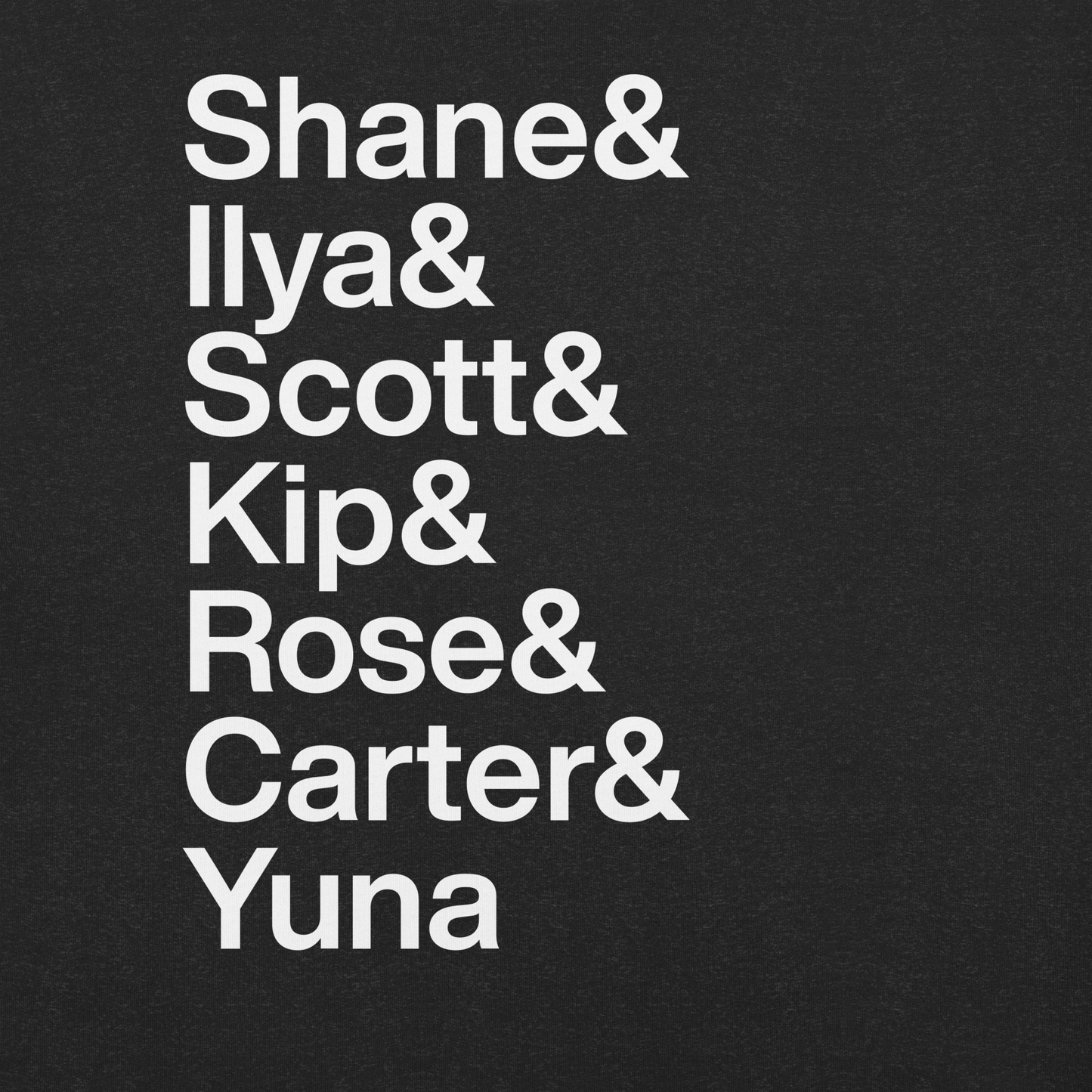 Black background with white text listing names: Shane, Ilya, Scott, Kip, Rose, Carter, Yuna.