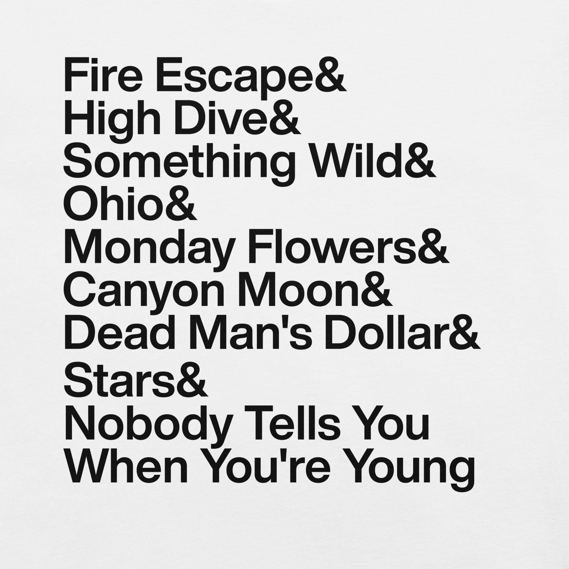 List of song titles on a white background