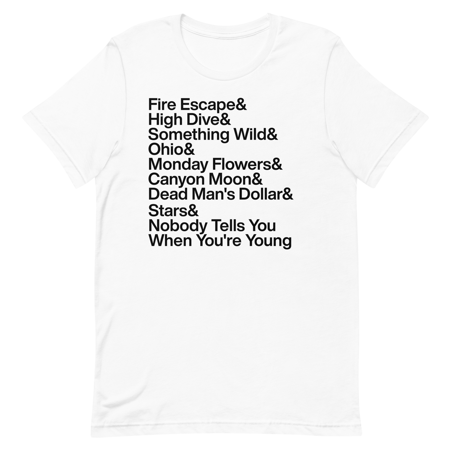 White t-shirt with black text listing album names on a white background