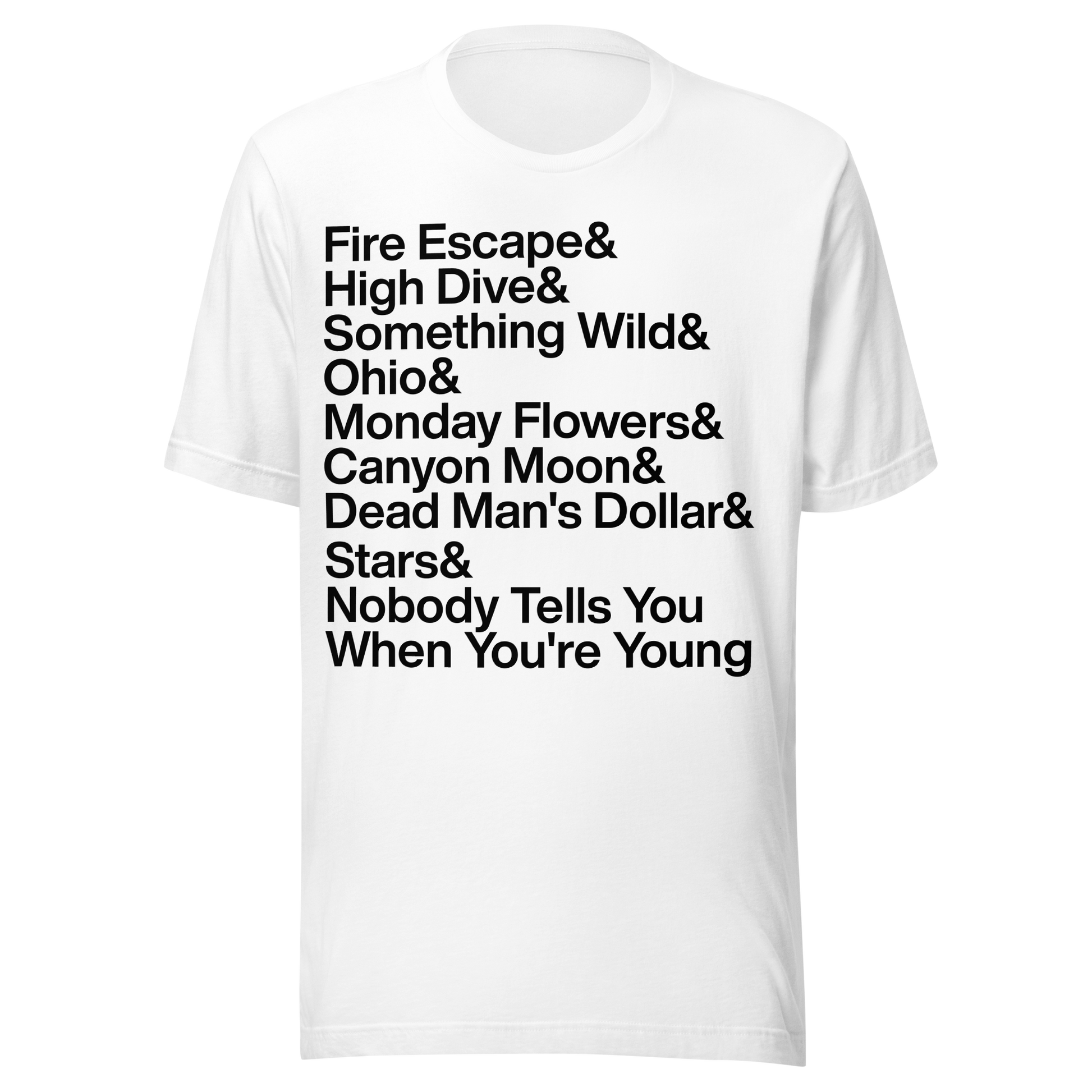 White t-shirt with black text listing various song titles on a white background