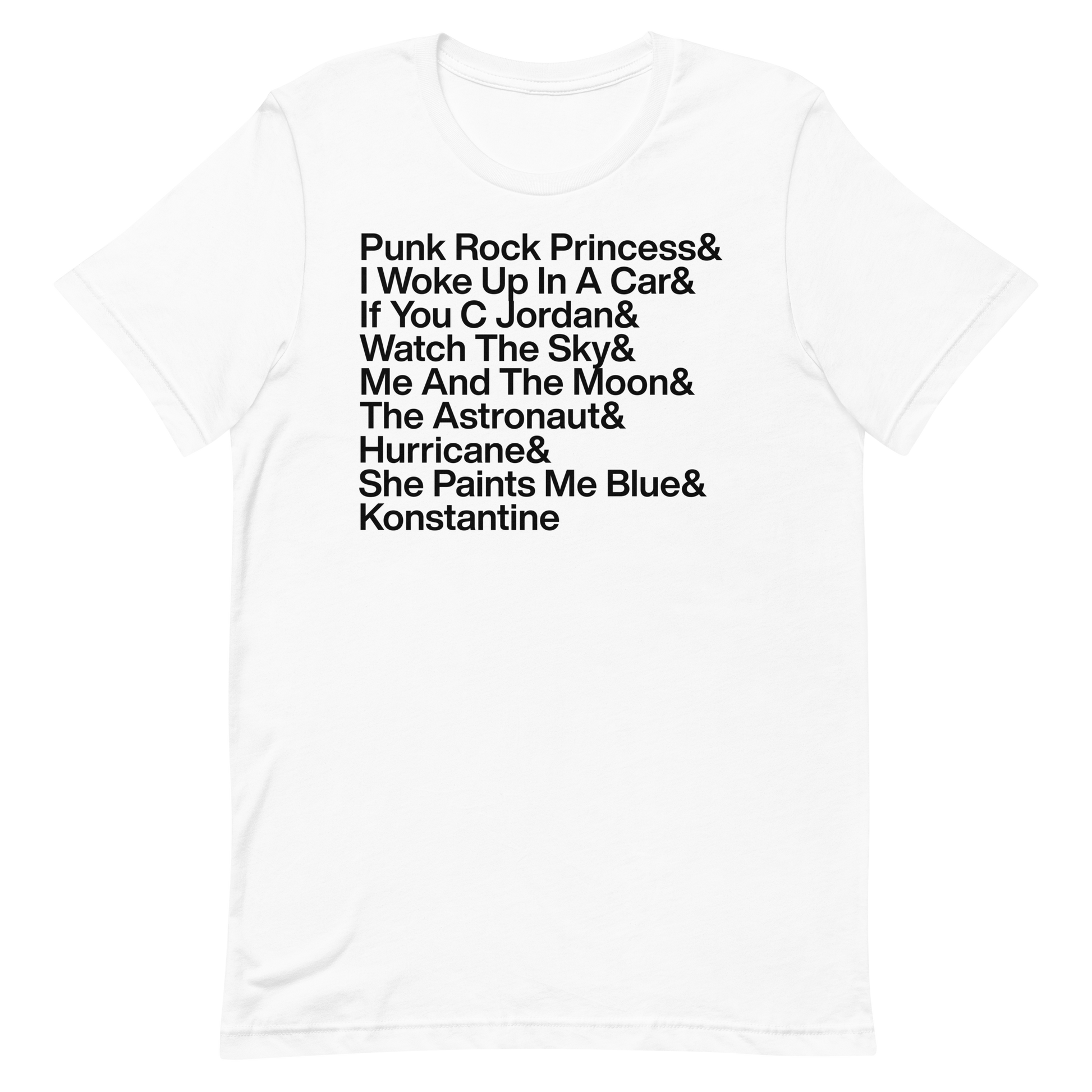 White t-shirt with black text on a white background