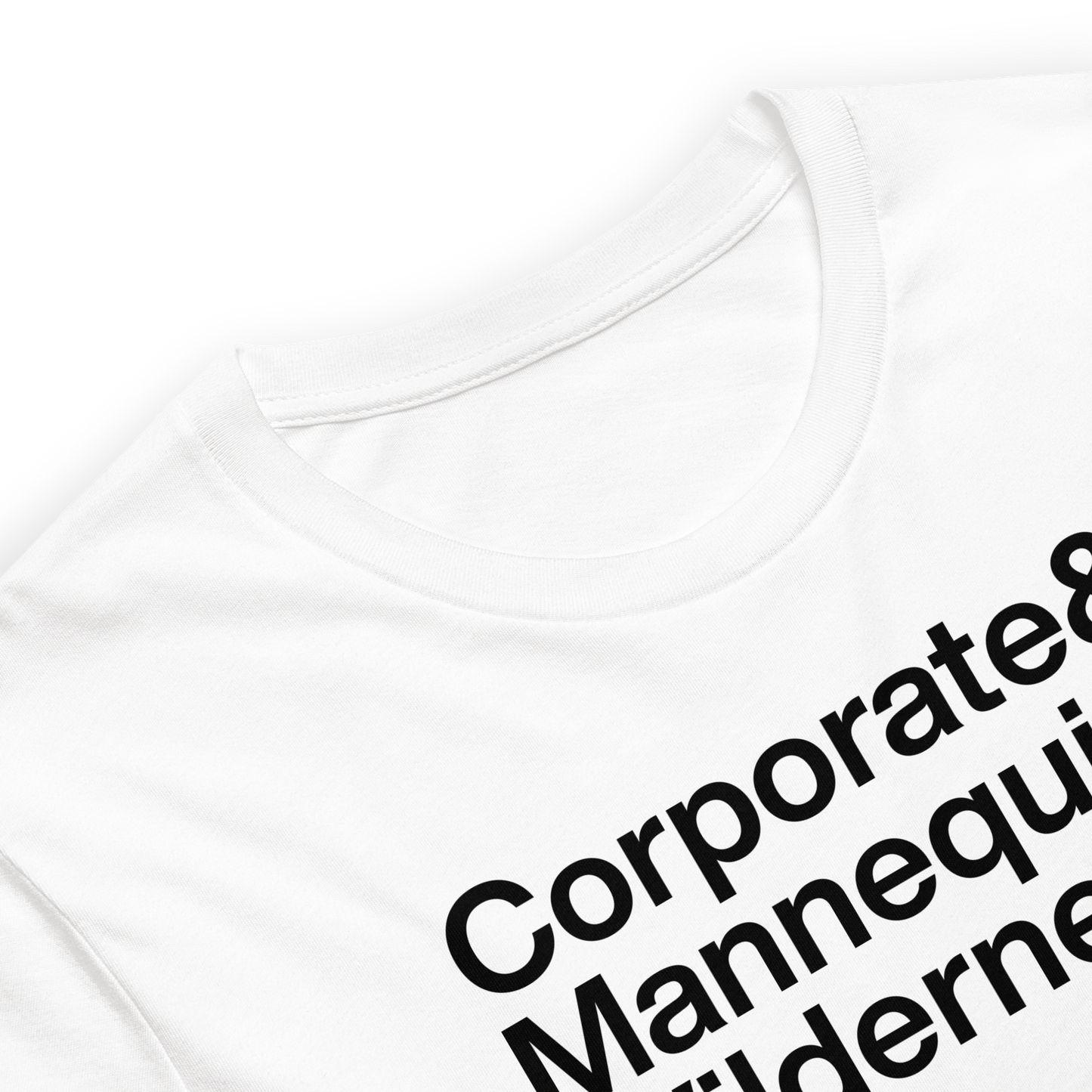 White shirt with black text on a white background