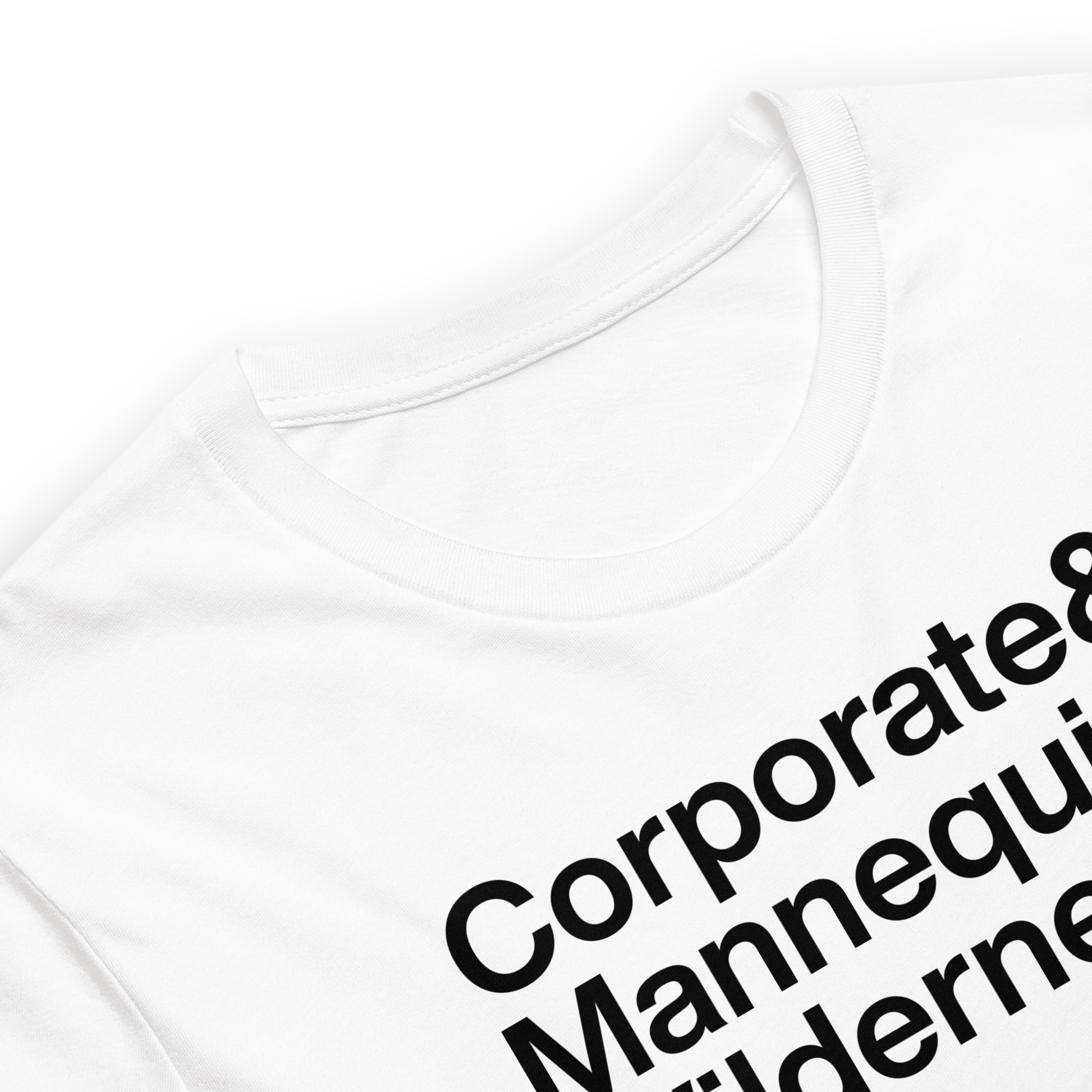 White shirt with black text on a white background
